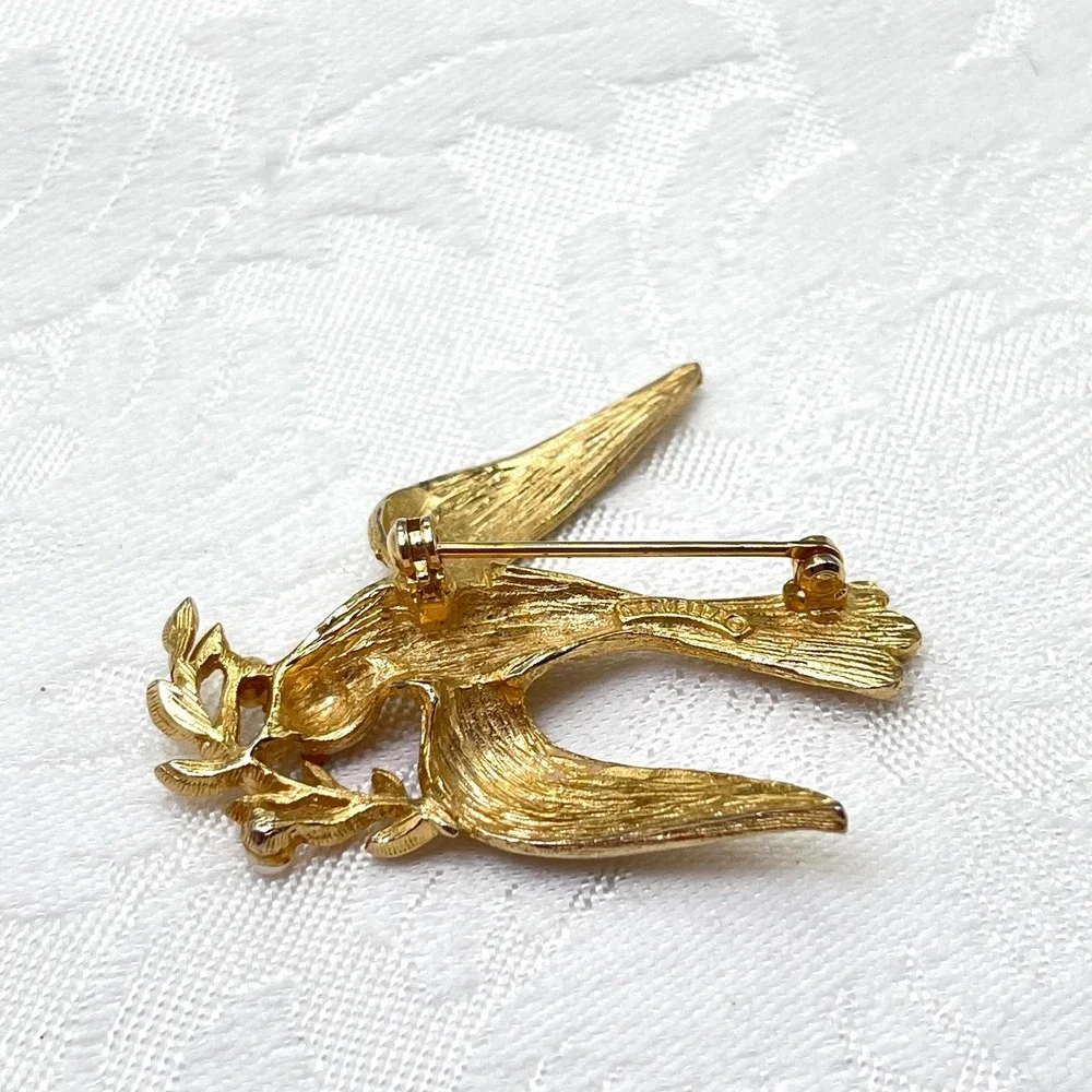 Vintage Marvella Bird w/ Olive‎ Branch Brooch w/ Faux Pearls and Rhinestones